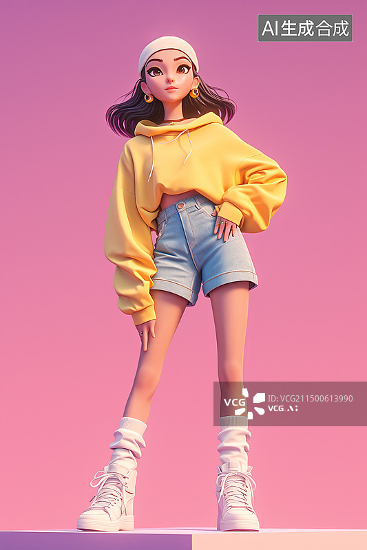 【AI数字艺术】黄色连帽衫与蓝色短裤的人物插图图片素材