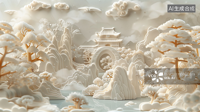 【AI数字艺术】纸雕的绿水青山图片素材