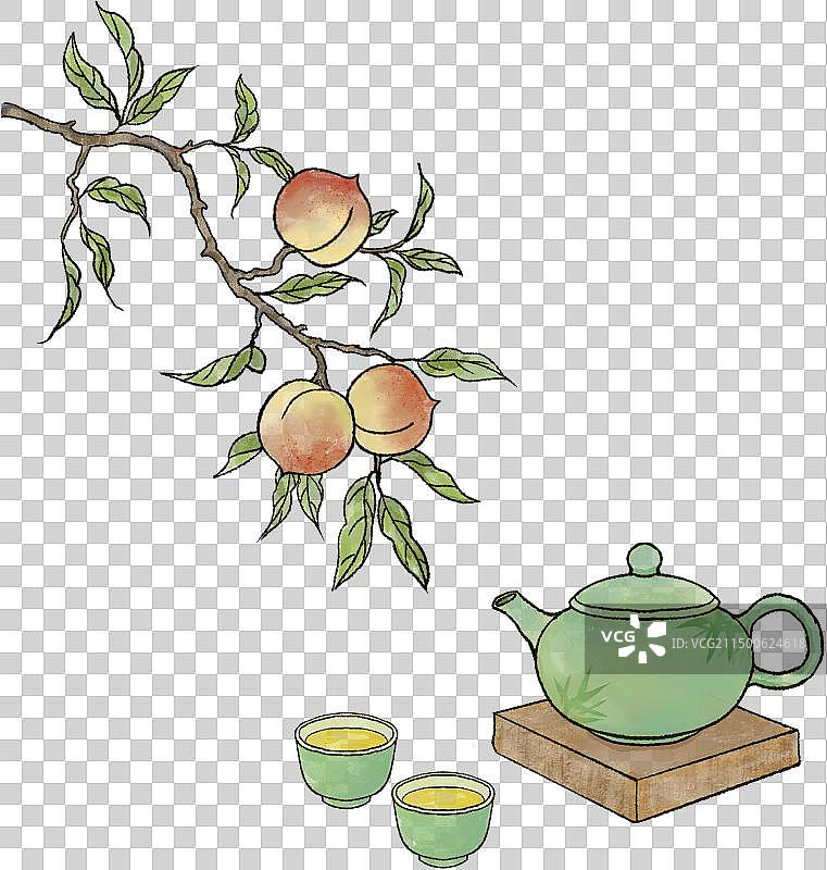 桃子茶壶水墨插画元素图片素材