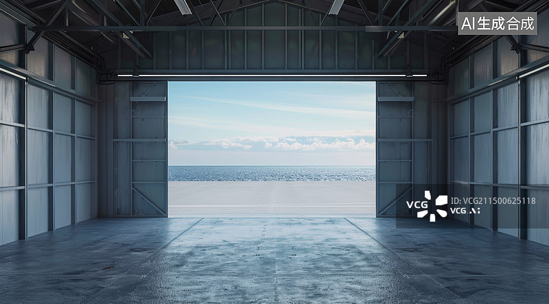 【AI数字艺术】空旷的工厂仓库和海平面图片素材