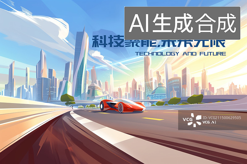 【AI数字艺术】科技汽车城市展板，汽车行驶在未来大都市的道路上图片素材