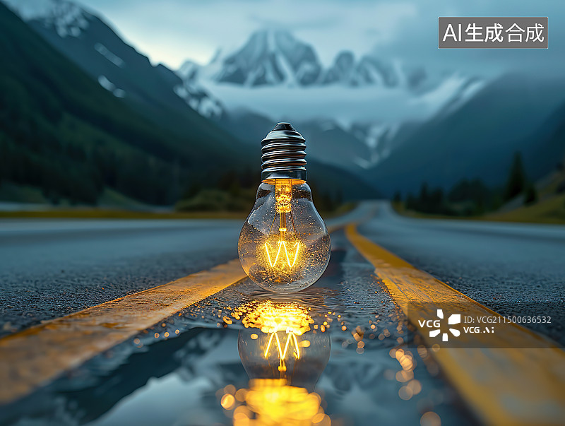 【AI数字艺术】公路上的发光灯泡图片素材