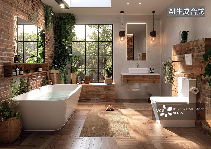 【AI数字艺术】宜家风格的浴室设计，包括浴缸、马桶、水槽和淋浴。图片素材