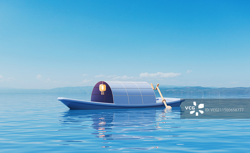 水面上飘荡着孤独的一叶小舟图片素材