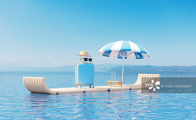 水面上漂流的木筏旅游概念3D渲染图片素材