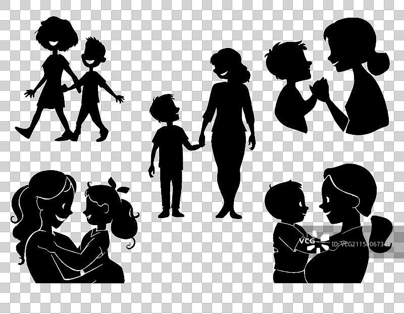 母亲和儿子的黑色剪影图片素材