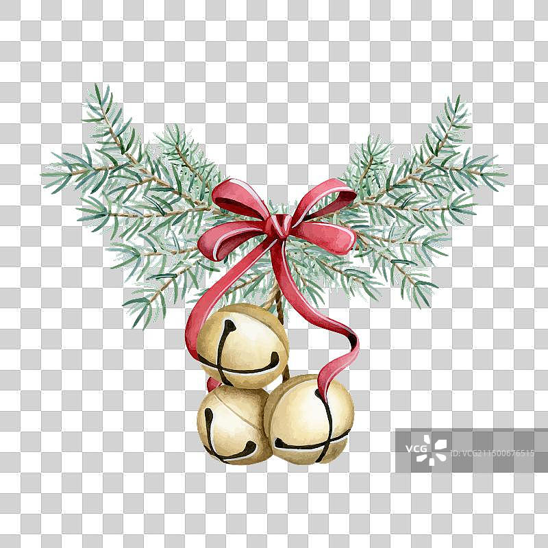 金色铃铛与圣诞树枝图片素材