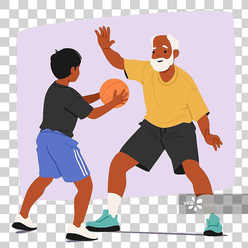 年长的男人和年轻男孩一起打篮球图片素材