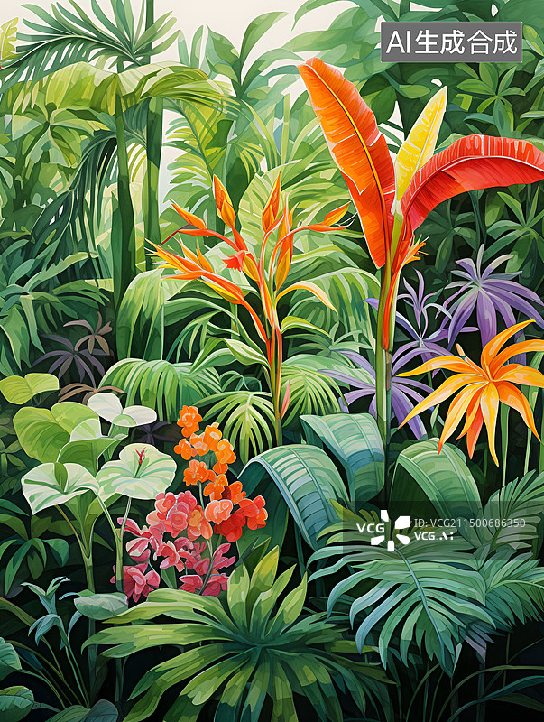 【AI数字艺术】以热带雨林里的植物为主题的插画图片素材