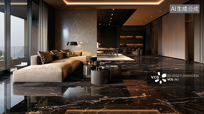 【AI数字艺术】现代风格暗色调大平层住宅客厅图片素材