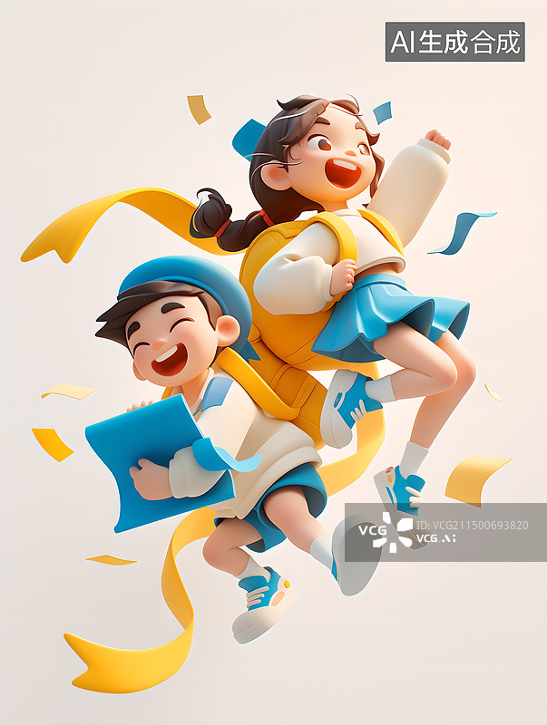 【AI数字艺术】快乐的学生开心跳跃图片素材