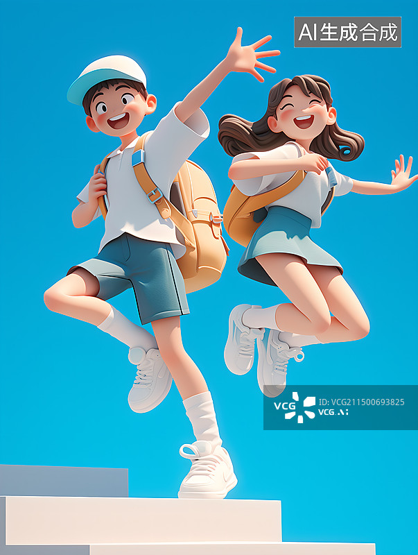 【AI数字艺术】快乐的学生开心跳跃图片素材