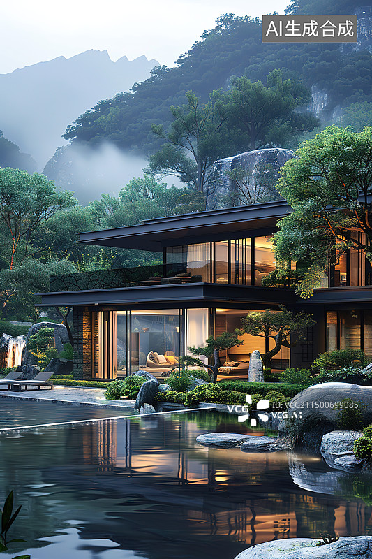 【AI数字艺术】新中式风格现代山水园林庭院建筑设计图片素材
