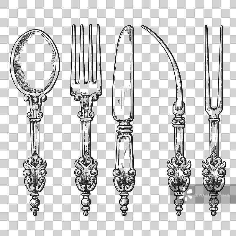 勺子叉子刀具雕刻素描图片素材