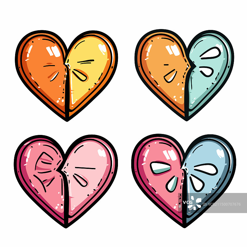 四个不同颜色的程式化爱心表情符号图片素材