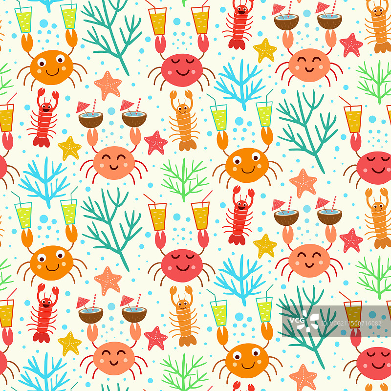 有趣的可爱螃蟹派对无缝图案图片素材