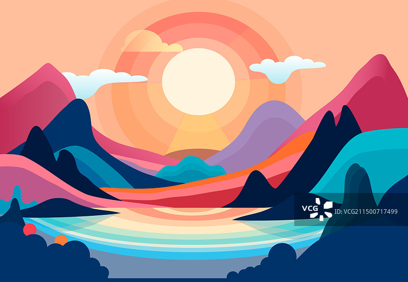 山区风格化的湖泊景观图片素材