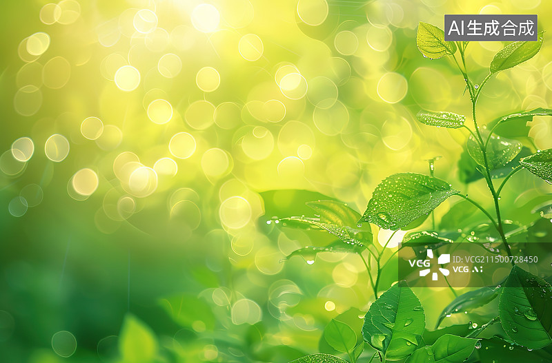 【AI数字艺术】雨滴落在树叶上的特写镜头图片素材