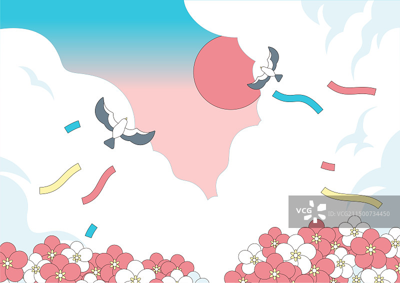 矢量插画：天空、白云、鲜花和鸟图片素材