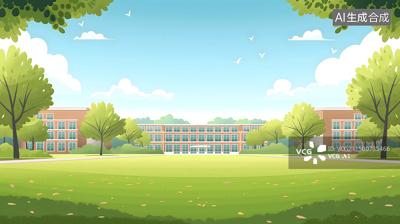 【AI数字艺术】卡通校园 大学 操场 草地 插画图片素材