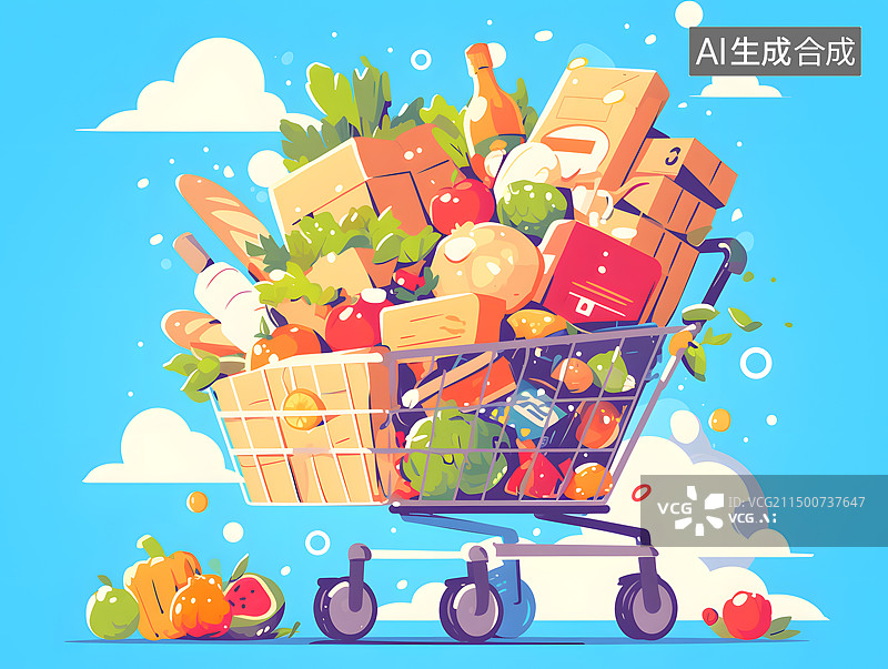 【AI数字艺术】代表购物消费的一辆装满商品的购物车图片素材