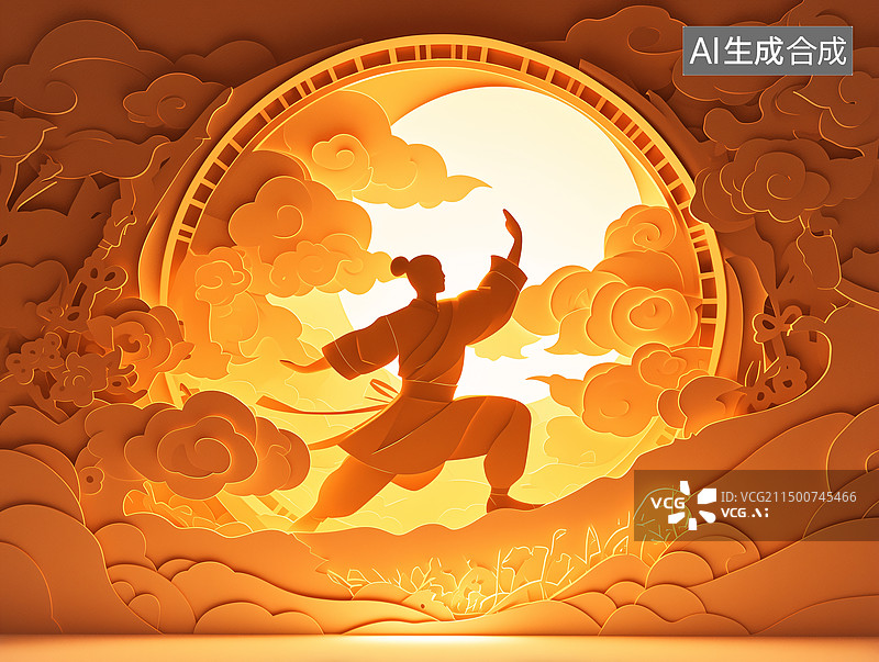 【AI数字艺术】一位男性在练武术祥云中国文化3D插画图片素材