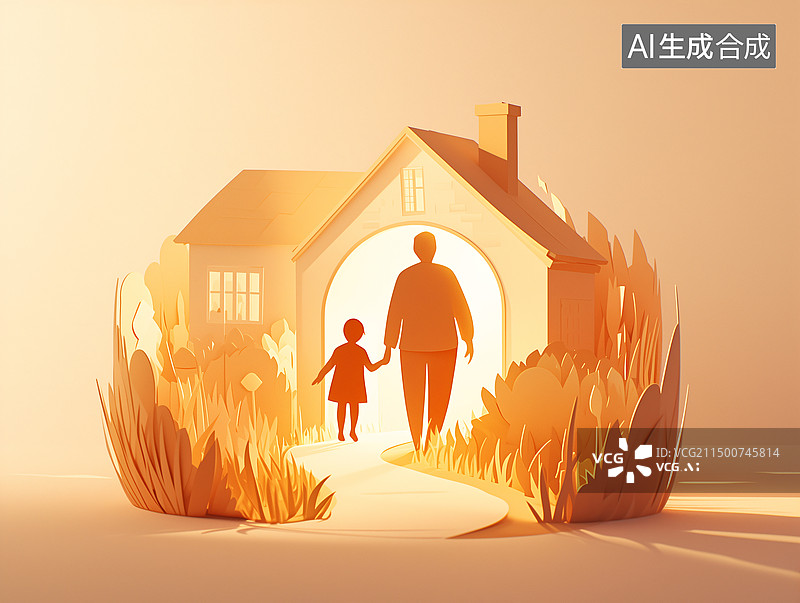 【AI数字艺术】爸爸拉着儿子走在回家的小路上父亲节3D插画图片素材