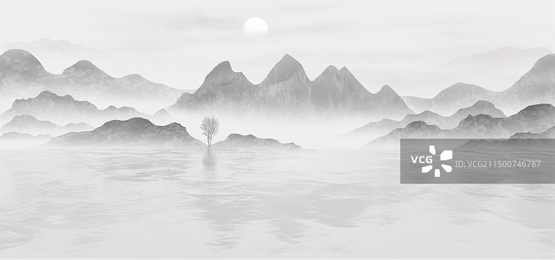 蓝色山水画背景插画图片素材