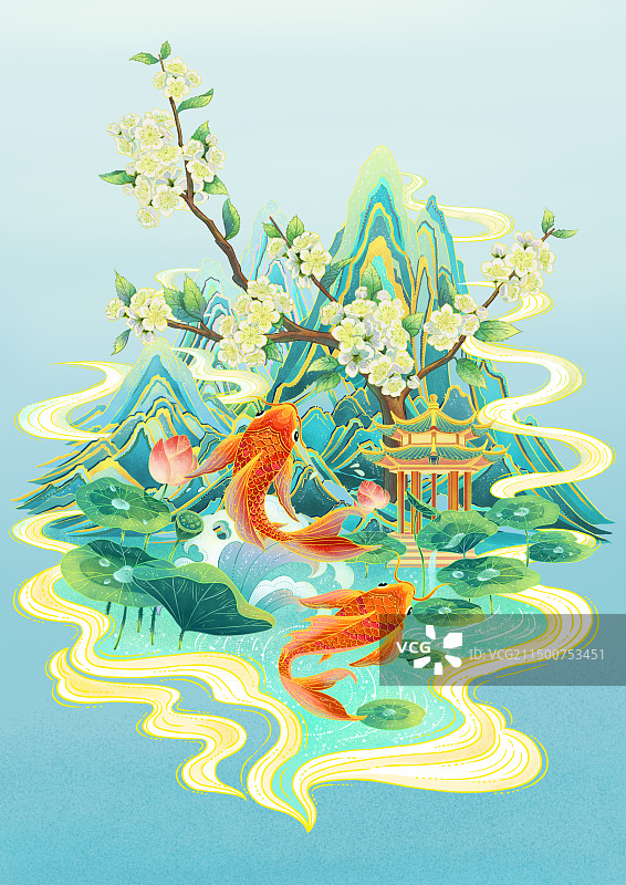 鲤鱼跃出水面闻梨花香图片素材