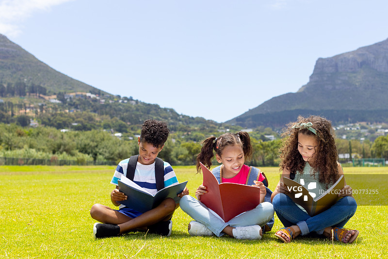 阳光明媚的田野里，混血儿童在读书图片素材