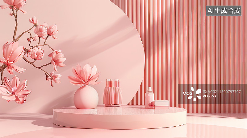 【AI数字艺术】红色粉红色系3D简约风格室内棚拍电商背景图片素材