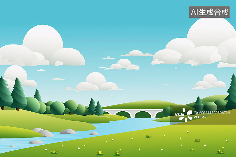 【AI数字艺术】小桥流水蓝天白云公园夏天插画图片素材