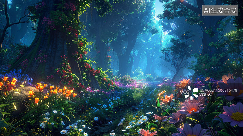 【AI数字艺术】梦幻童话森林的发光蘑菇夜景图片素材
