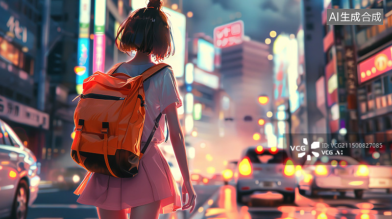 【AI数字艺术】城市街道上提着行李的妇女的后视图图片素材
