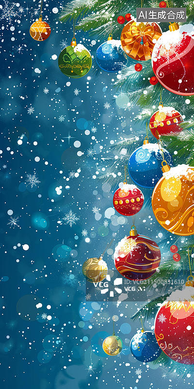 【AI数字艺术】圣诞节的装饰品挂在圣诞树上，背景是蓝色的图片素材