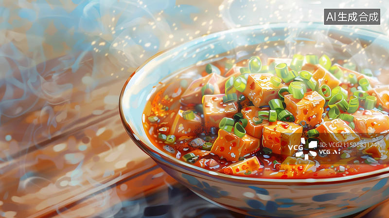 【AI数字艺术】一碗麻婆豆腐，旁边放着一双筷子图片素材