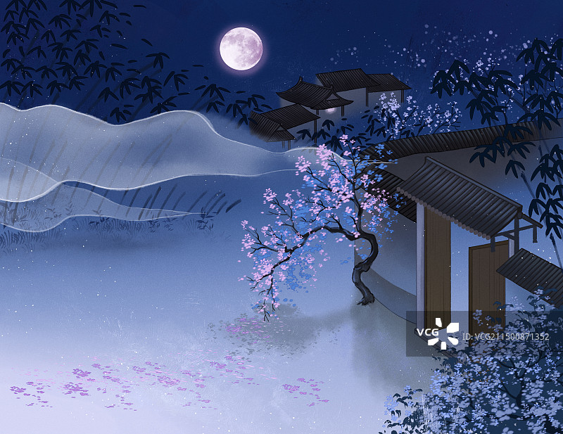 古风夜晚清冷风景插画图片素材