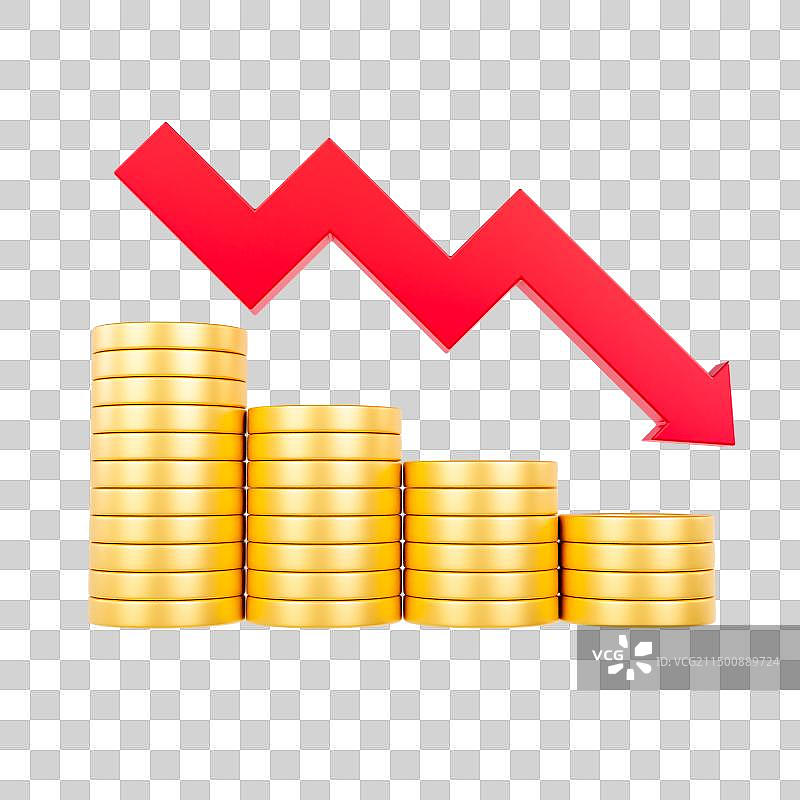 3D堆叠的金币下降箭头金融理财银行保险元素图片素材