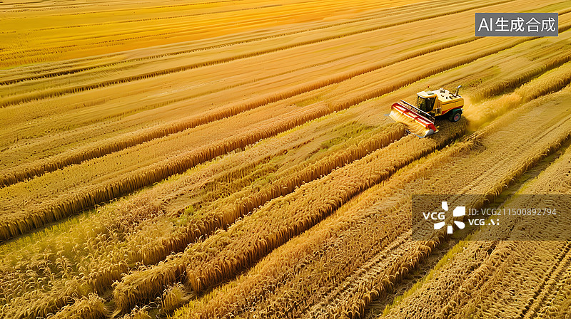 【AI数字艺术】航拍拖拉机收割金黄的麦田图片素材