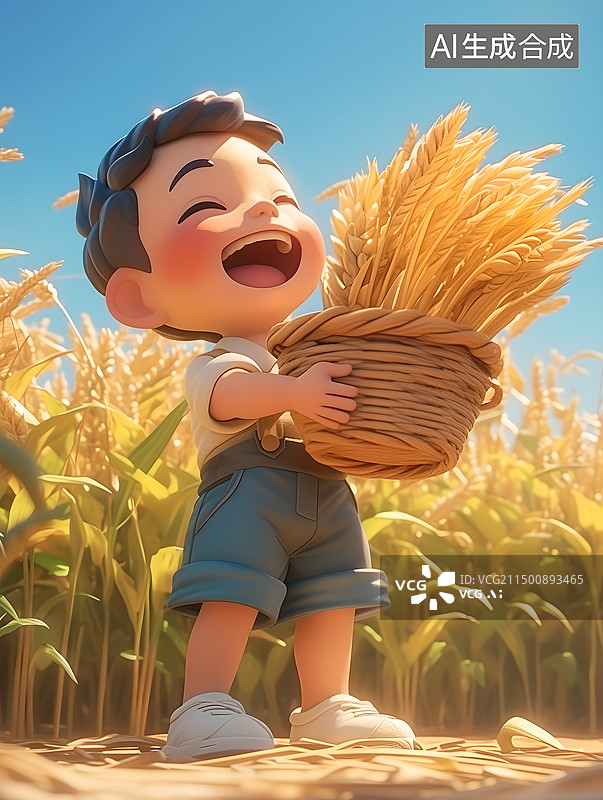 【AI数字艺术】卡通男孩开心抱着一筐麦穗图片素材