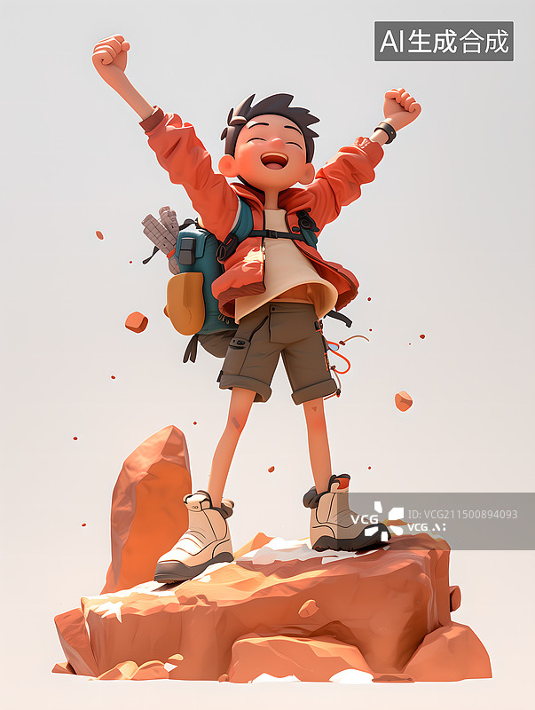 【AI数字艺术】徒步旅行者站在山顶展开双臂图片素材