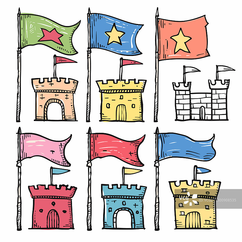 手绘彩色中世纪城堡旗帜图片素材