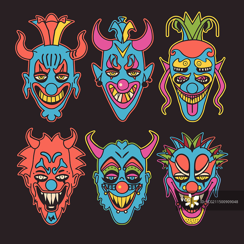 霓虹色恐怖小丑面孔合集图片素材