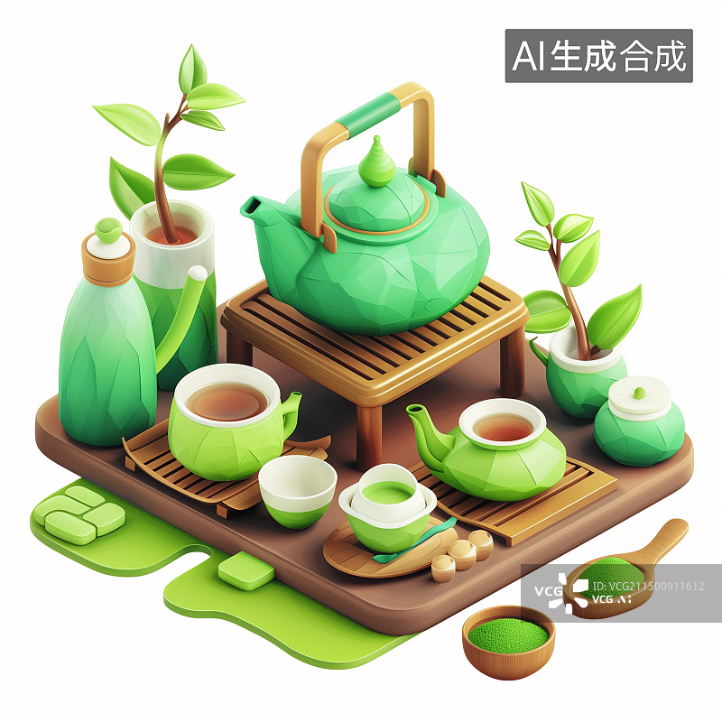 【AI数字艺术】茶文化茶叶茶壶茶杯中国传统文化饮食养生健康等距图俯视极简矢量3DC4D设计素材图标元素图片素材
