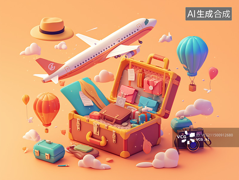 【AI数字艺术】卡通行李箱飞机气球旅游度假休闲活动庆祝主题3D渲染节假日假期周年快乐幸福电商海报促销图片素材