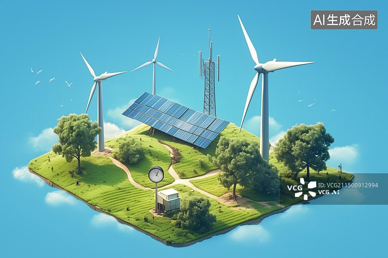 【AI数字艺术】插画光伏低碳环保新能源太阳能风能绿色科技环保未来3DC4D渲染清新图片素材
