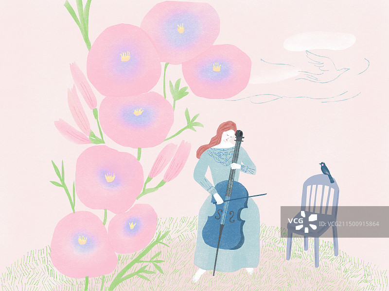粉色花丛中演奏大提琴的女孩图片素材