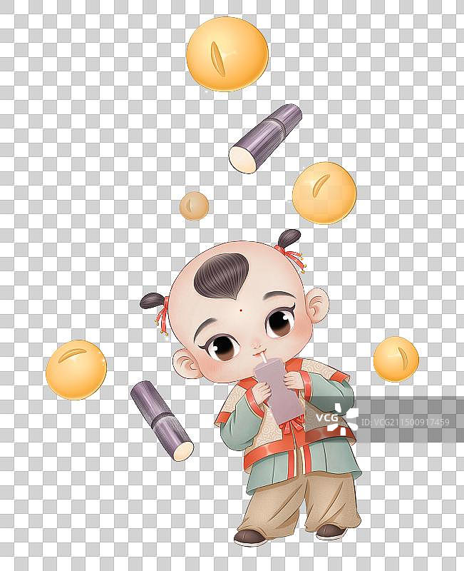 一个穿着中国汉服的小孩弯腰在喝瓶装饮料图片素材