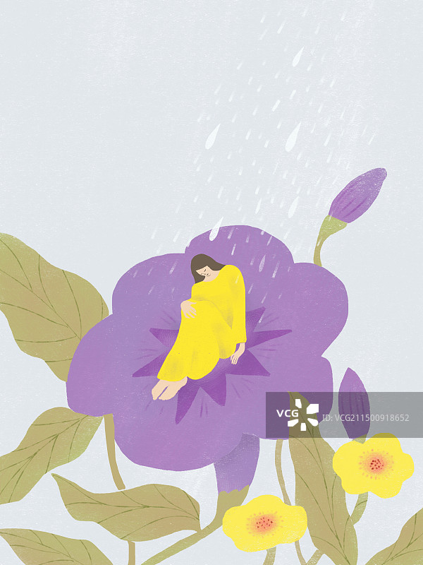 紫色花朵中端坐的女孩插画图片素材