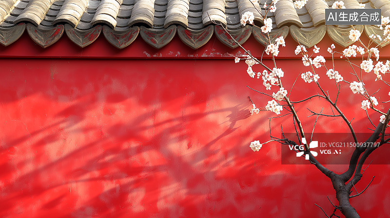 【AI数字艺术】东方古建筑古典的红墙背景图片素材